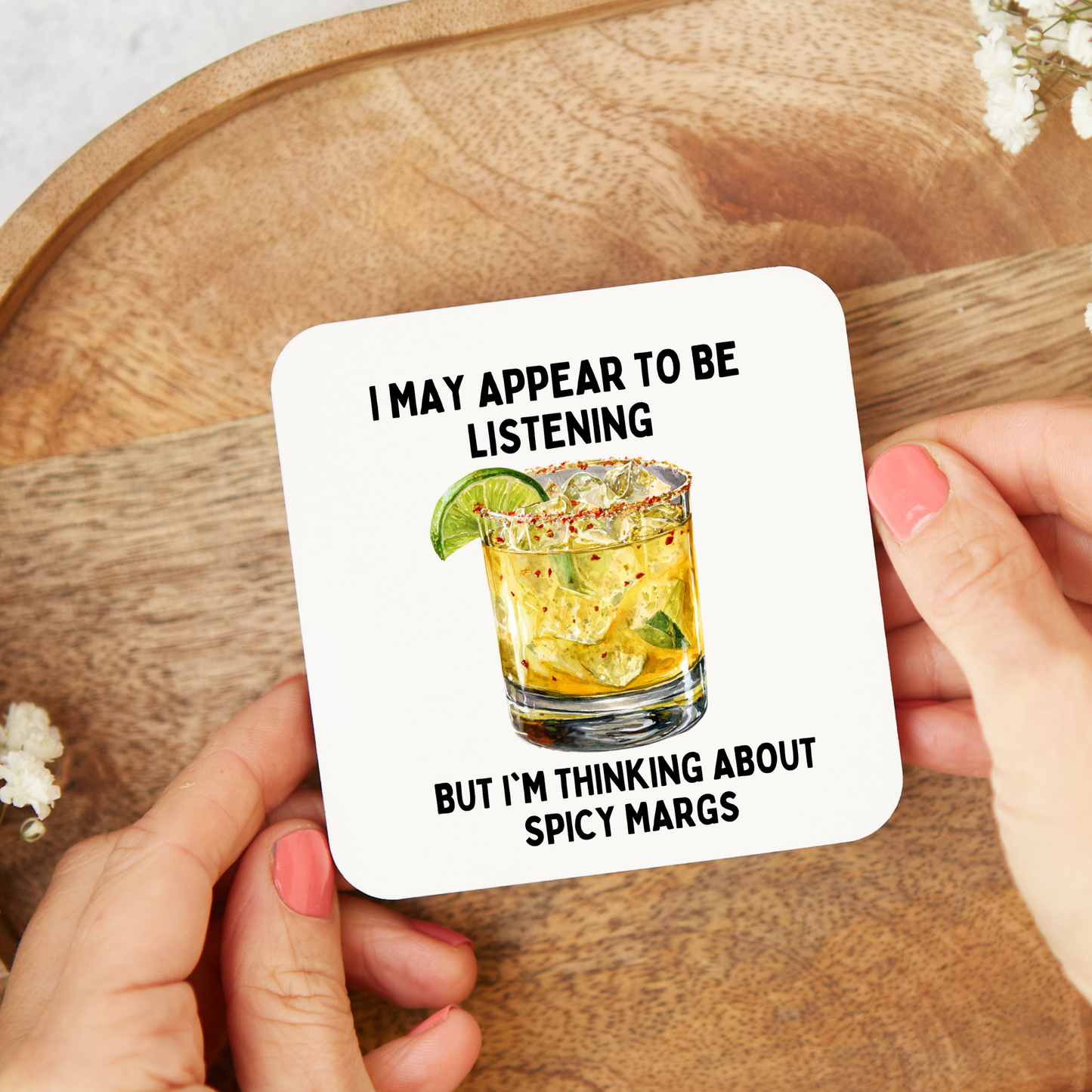 Funny Spicy Marg coaster with a playful cocktail-themed design, perfect for spicy margarita lovers. Glossy square coaster ideal as a fun gift for cocktail fans, birthdays, housewarmings, or Secret Santa.