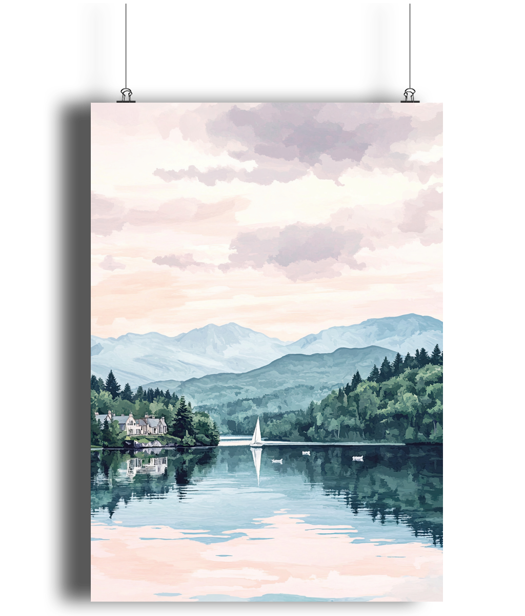 Lake Windermere Travel Print, Lake Windermere Travel Poster, Lake District Wall Art, Lakes Travel Decor, Landscape Print, Travel Gift, Vintage Art - Peach and Pine