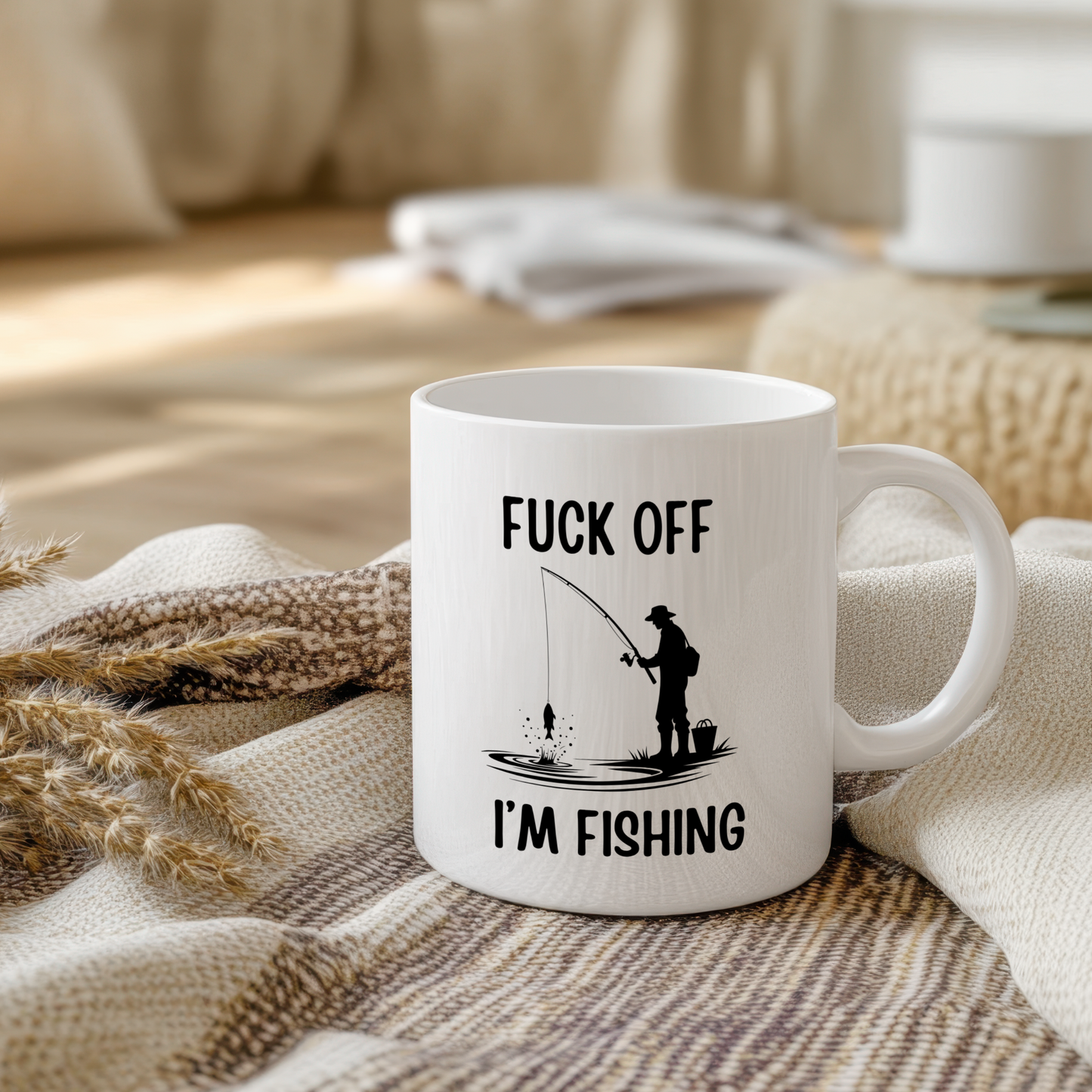 Glossy white ceramic mug with a funny fishing-themed design, perfect for fishermen and fishing lovers.