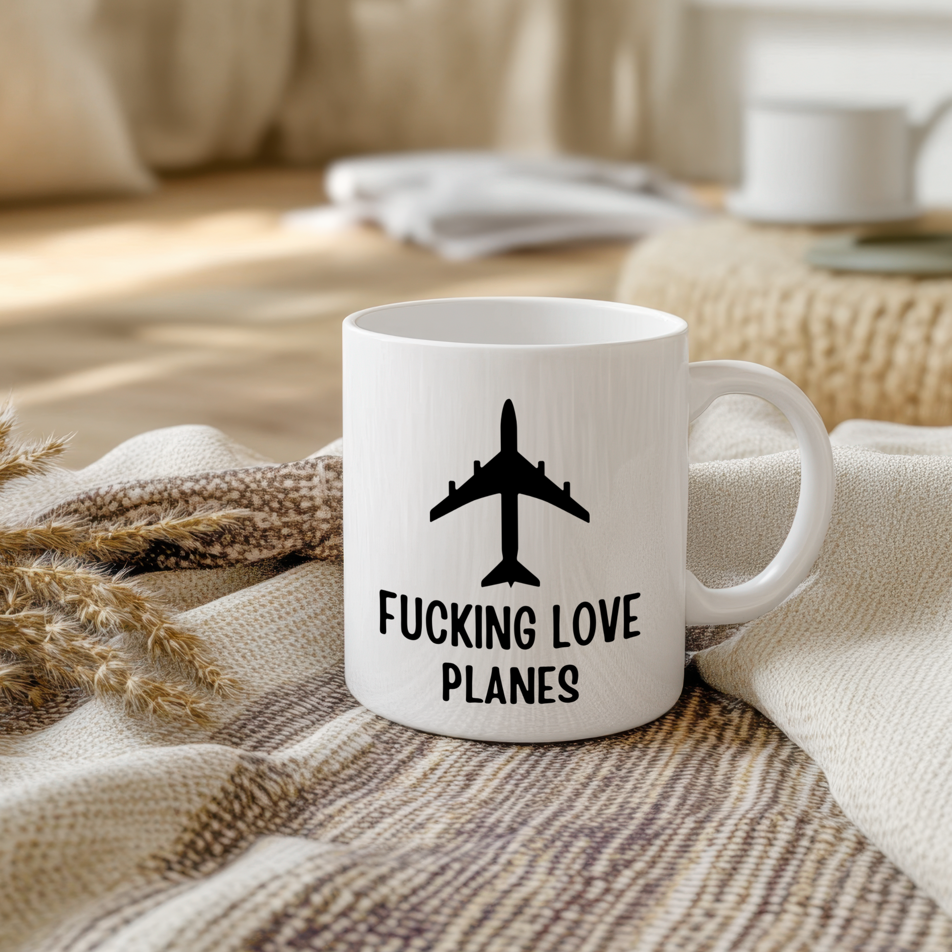 Glossy ceramic mug with a funny airplane design, perfect gift for plane lovers and aviation enthusiasts.