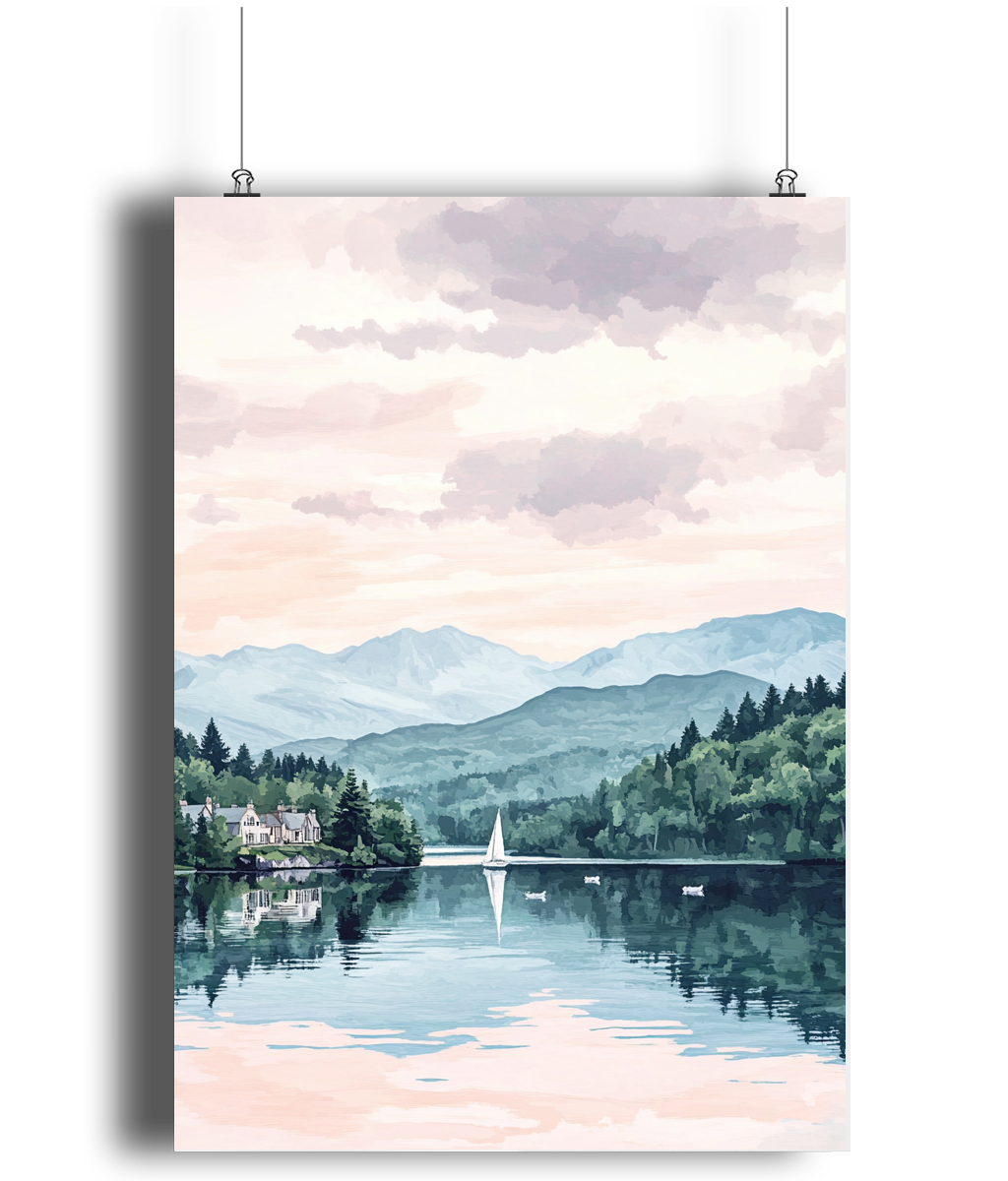 Lake Windermere Travel Print, Lake Windermere Travel Poster, Lake District Wall Art, Lakes Travel Decor, Landscape Print, Travel Gift, Vintage Art - Peach and Pine