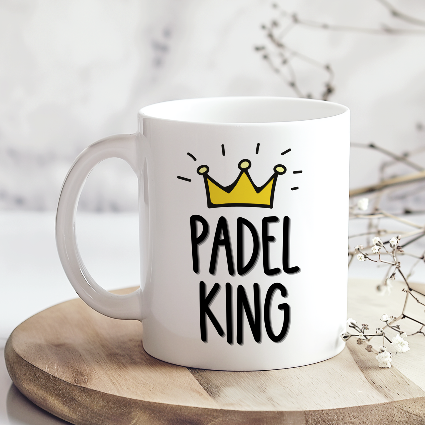 Padel King ceramic mug with yellow crown design, funny gift for padel players and sports lovers.
