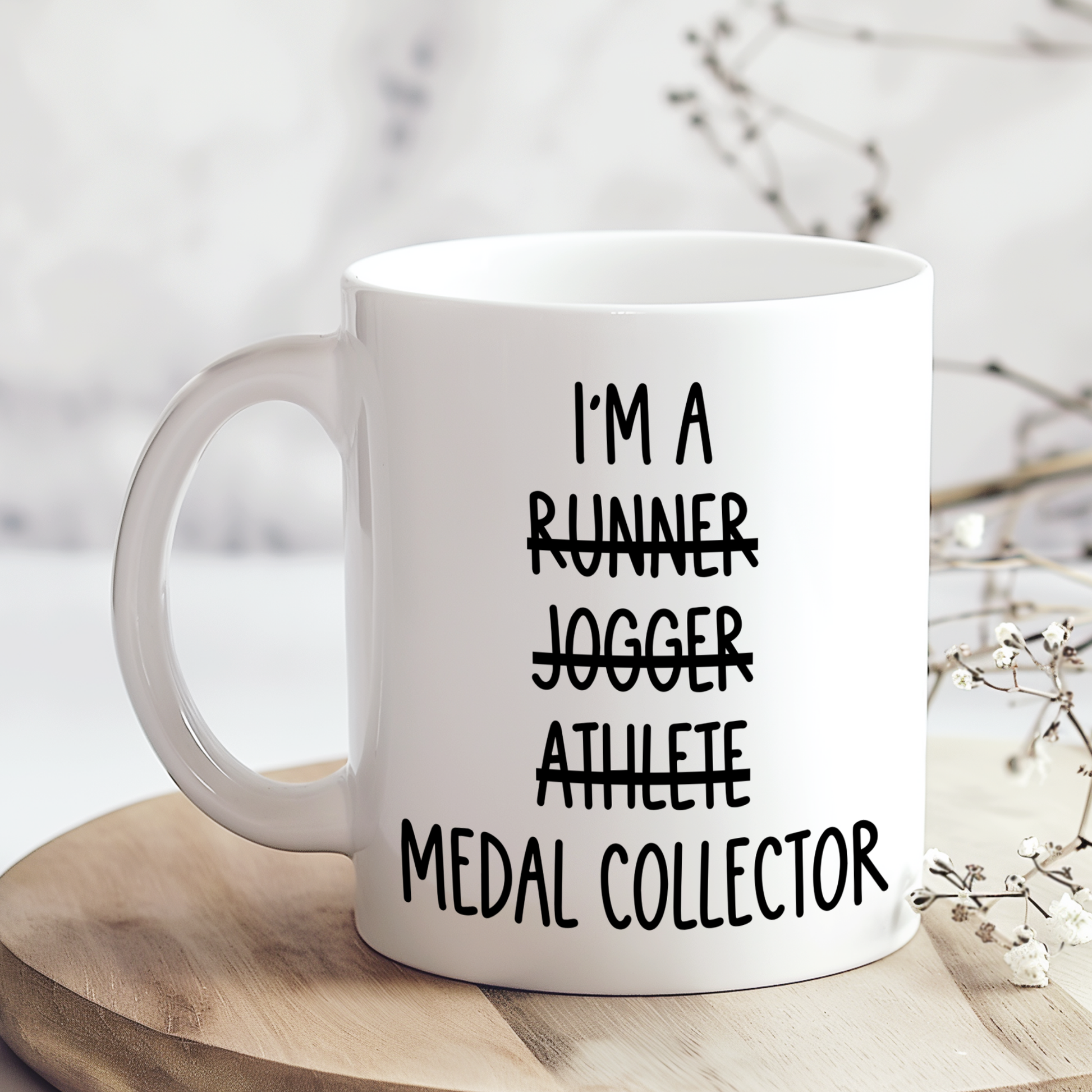 Funny marathon runner mug featuring a humorous running quote. A great gift for marathon runners, runners in training, race day enthusiasts, and anyone who loves running and coffee.