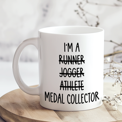 Funny marathon runner mug featuring a humorous running quote. A great gift for marathon runners, runners in training, race day enthusiasts, and anyone who loves running and coffee.
