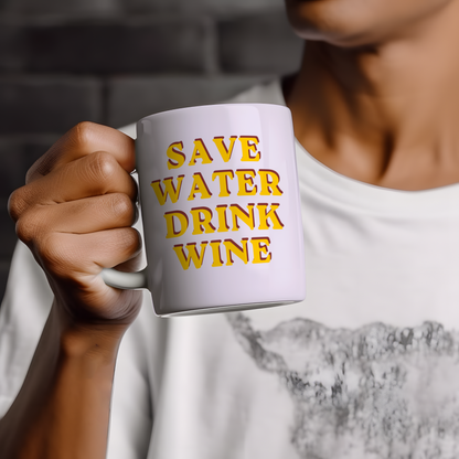 Save Water Drink Wine Mug, Funny Wine Lover Coffee Mug, Retro Typography Mug, Cute Wine Gift for Her, Funny Kitchen Mug