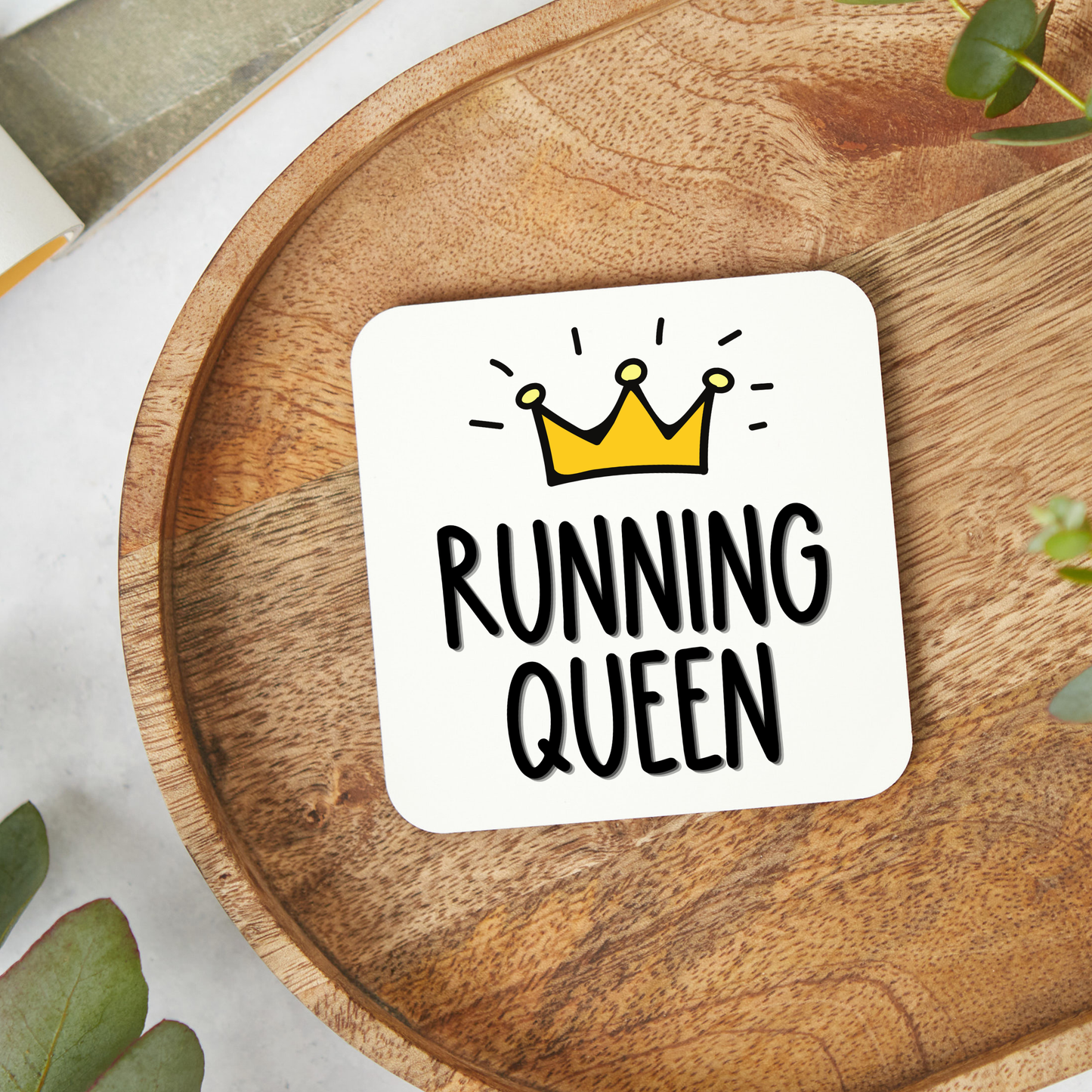 Running Queen coaster with yellow crown, funny running gift for women, female runners and running besties