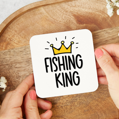 Fishing King coaster with yellow crown design, funny fishing gift for fisherman, dad, grandad or husband
