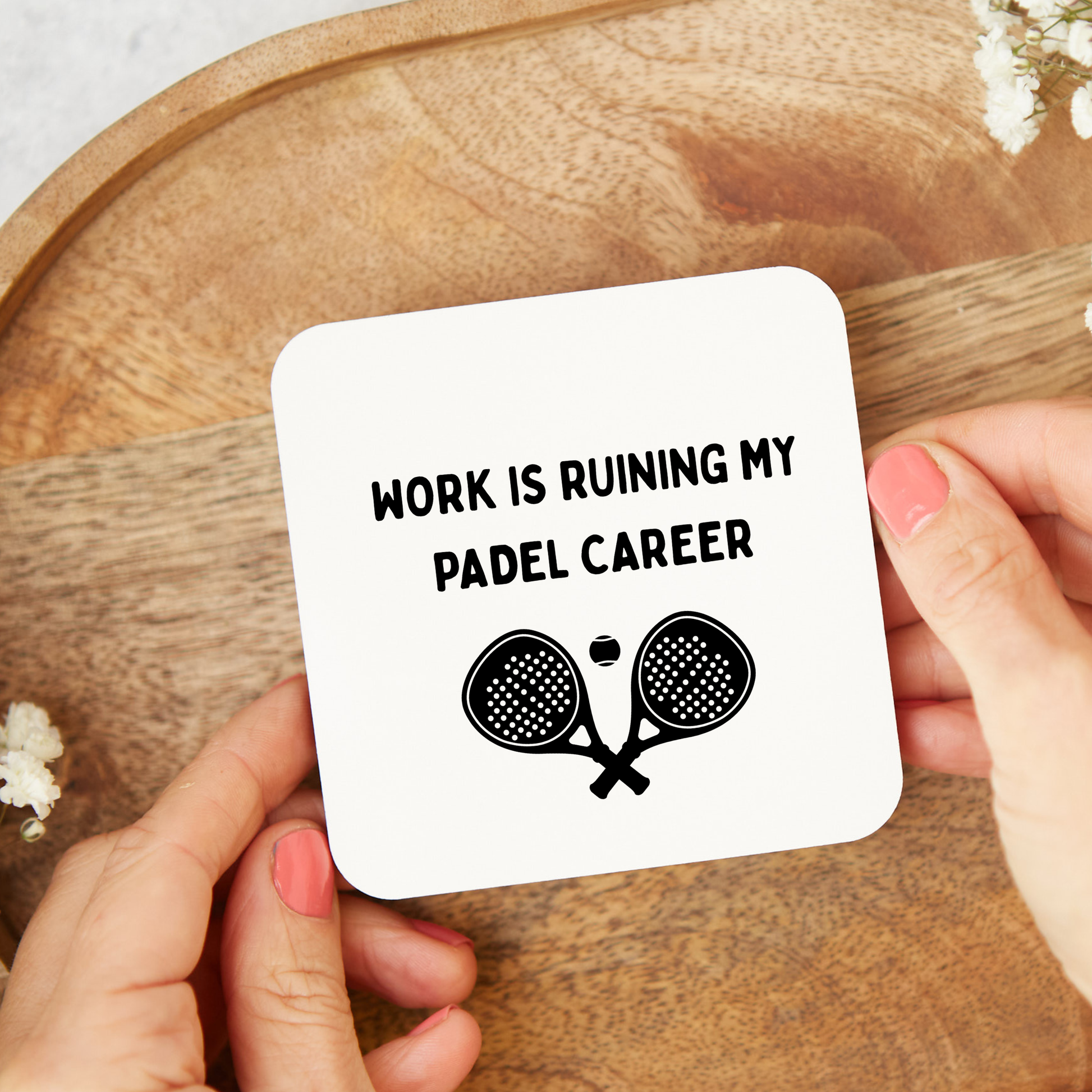 Funny Work Is Ruining My Padel Career coaster with padel rackets, gift for padel player and padel lover