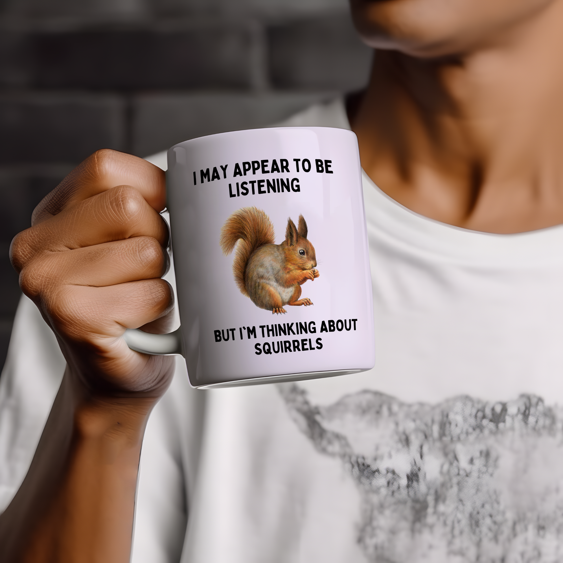 White mug featuring a funny squirrel-themed design, perfect gift for squirrel lovers, wildlife enthusiasts and animal fans.