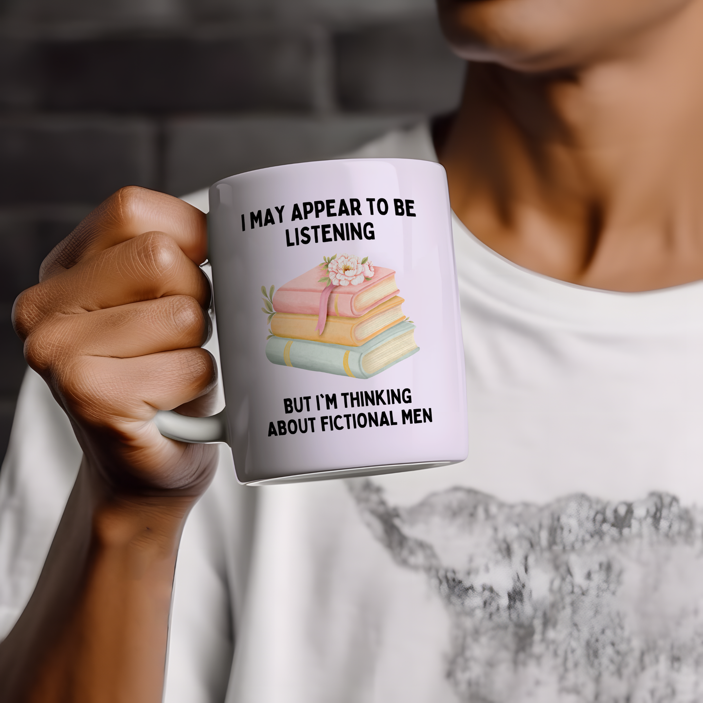 White mug featuring a funny bookish design inspired by fictional men, perfect gift for readers, romance book lovers and book club members.