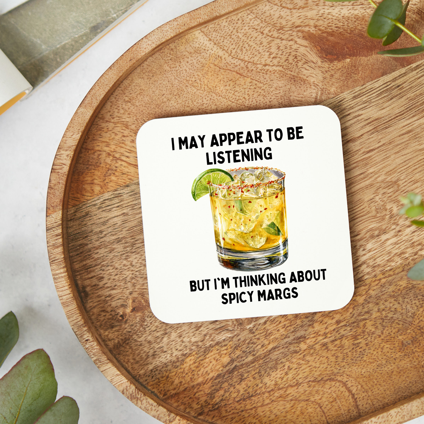 Funny Spicy Marg coaster with a playful cocktail-themed design, perfect for spicy margarita lovers. Glossy square coaster ideal as a fun gift for cocktail fans, birthdays, housewarmings, or Secret Santa.