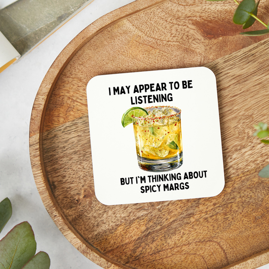 Funny Spicy Marg coaster with a playful cocktail-themed design, perfect for spicy margarita lovers. Glossy square coaster ideal as a fun gift for cocktail fans, birthdays, housewarmings, or Secret Santa.
