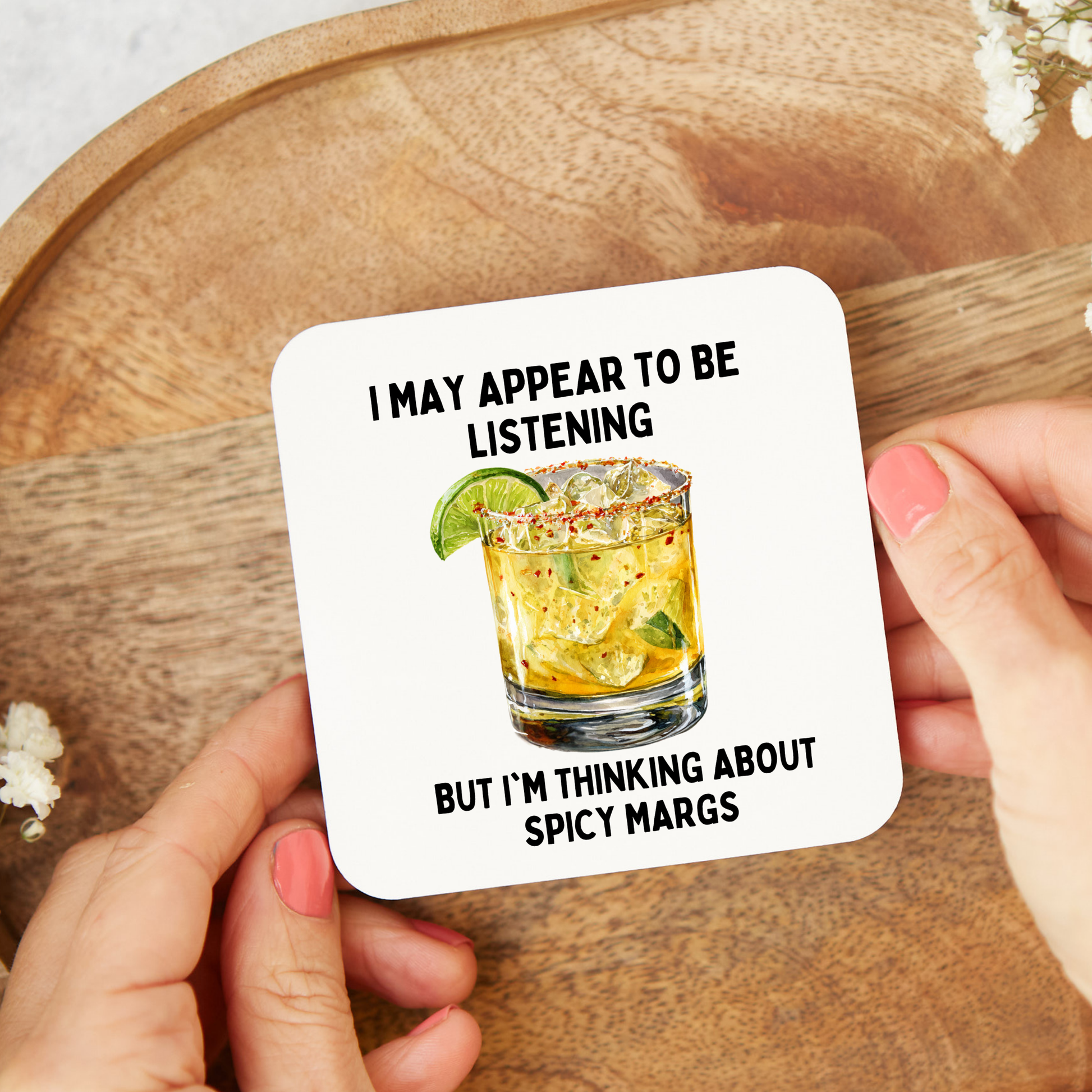 Funny Spicy Marg coaster with a playful cocktail-themed design, perfect for spicy margarita lovers. Glossy square coaster ideal as a fun gift for cocktail fans, birthdays, housewarmings, or Secret Santa.