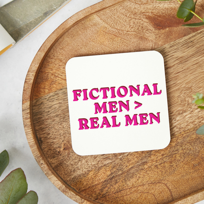 Funny book lover coaster featuring a fictional men themed design, perfect for readers who are obsessed with romance books. Glossy square coaster ideal as a gift for bookworms, smut readers, book club friends, birthdays, or Secret Santa.