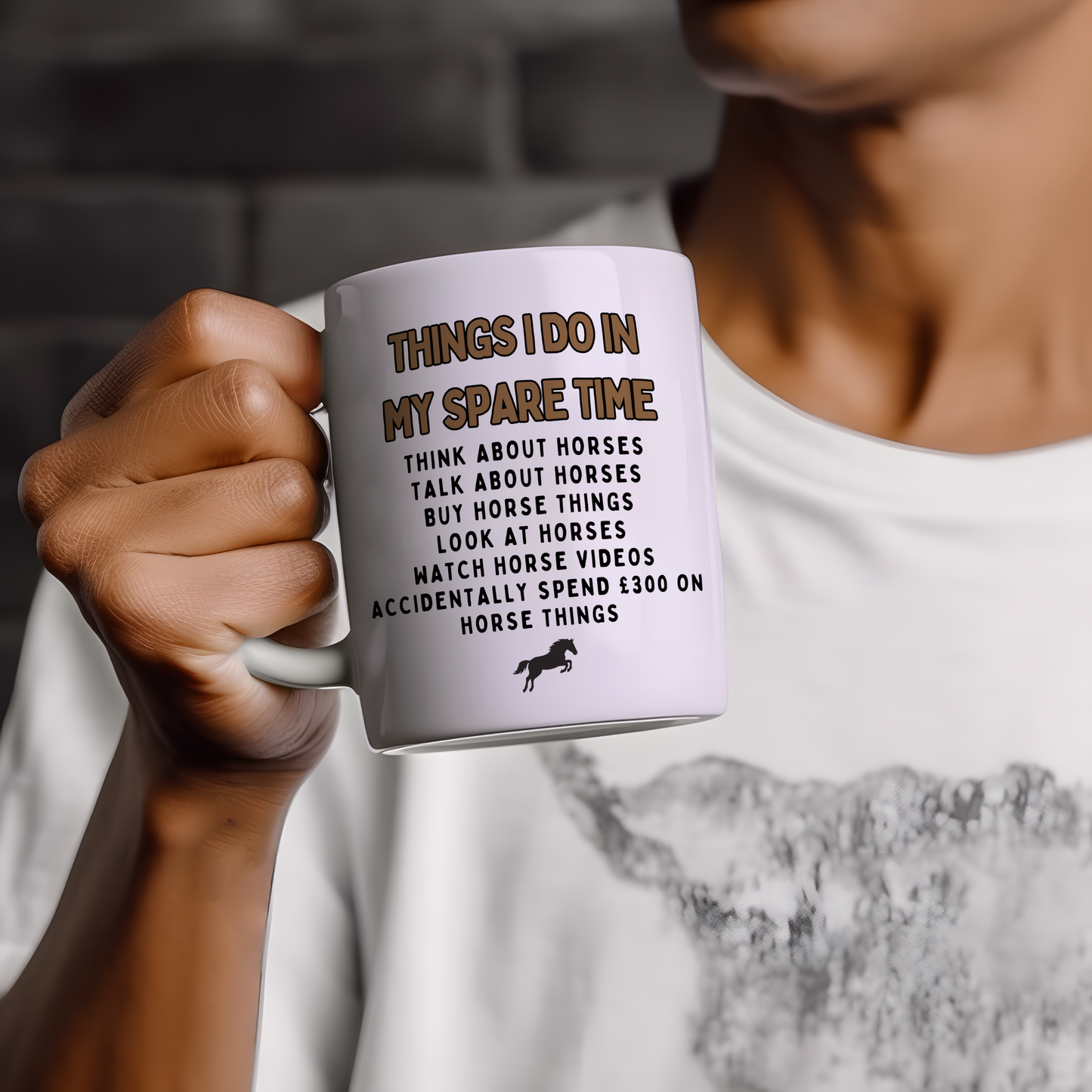 White mug featuring a funny horse-themed "Things I Do in My Spare Time" design, perfect gift for horse lovers, equestrians and riding enthusiasts.