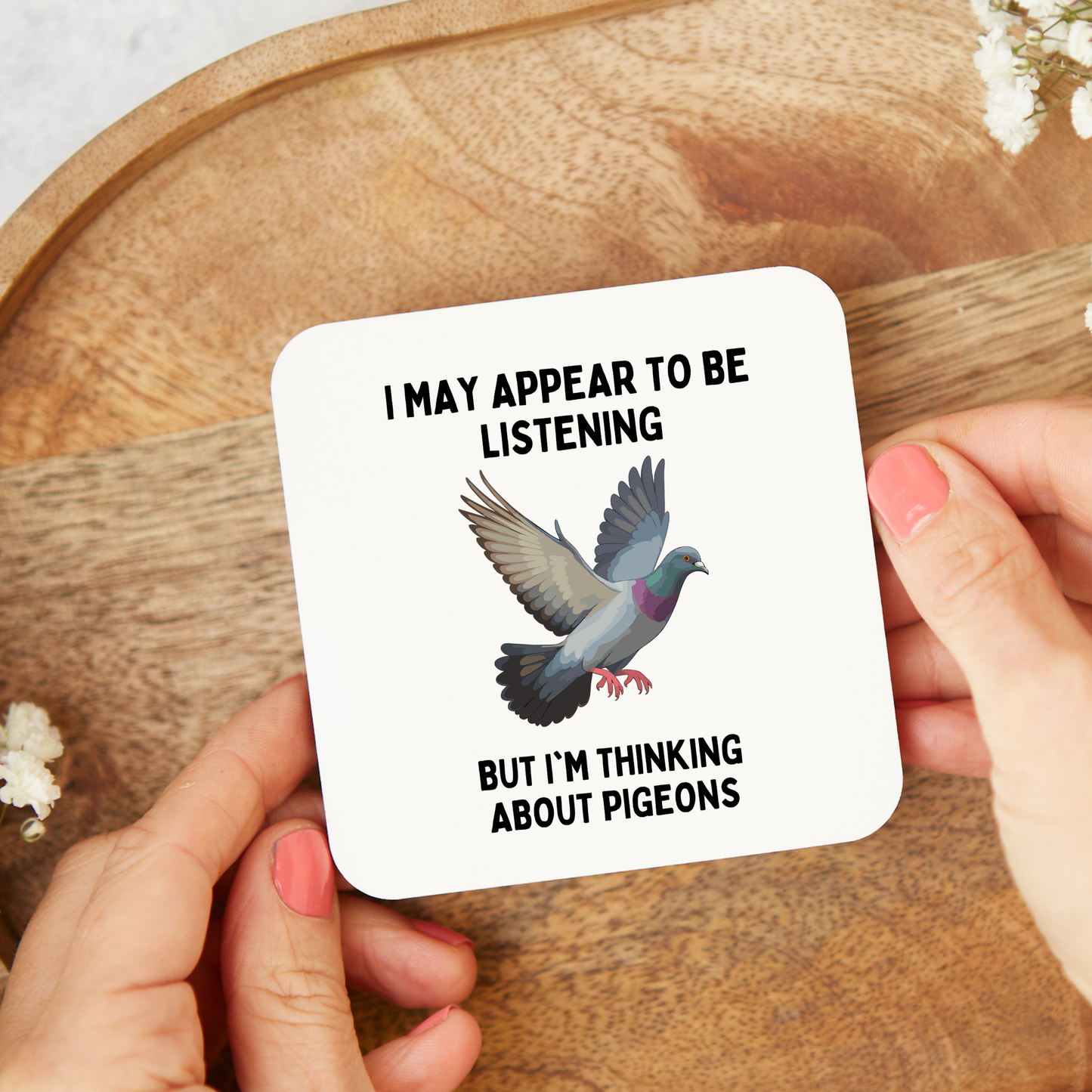 Funny pigeon coaster featuring a humorous pigeon design, perfect for pigeon lovers, bird enthusiasts, novelty gift ideas, home décor, office desk accessories, and unique gifts for friends or family.