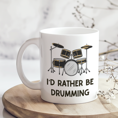 I'd Rather Be Drumming 11oz ceramic mug with drum kit illustration, funny drummer gift for musicians and drum lovers