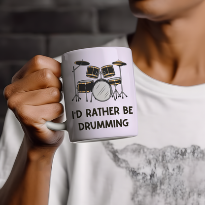 I'd Rather Be Drumming 11oz ceramic mug with drum kit illustration, funny drummer gift for musicians and drum lovers