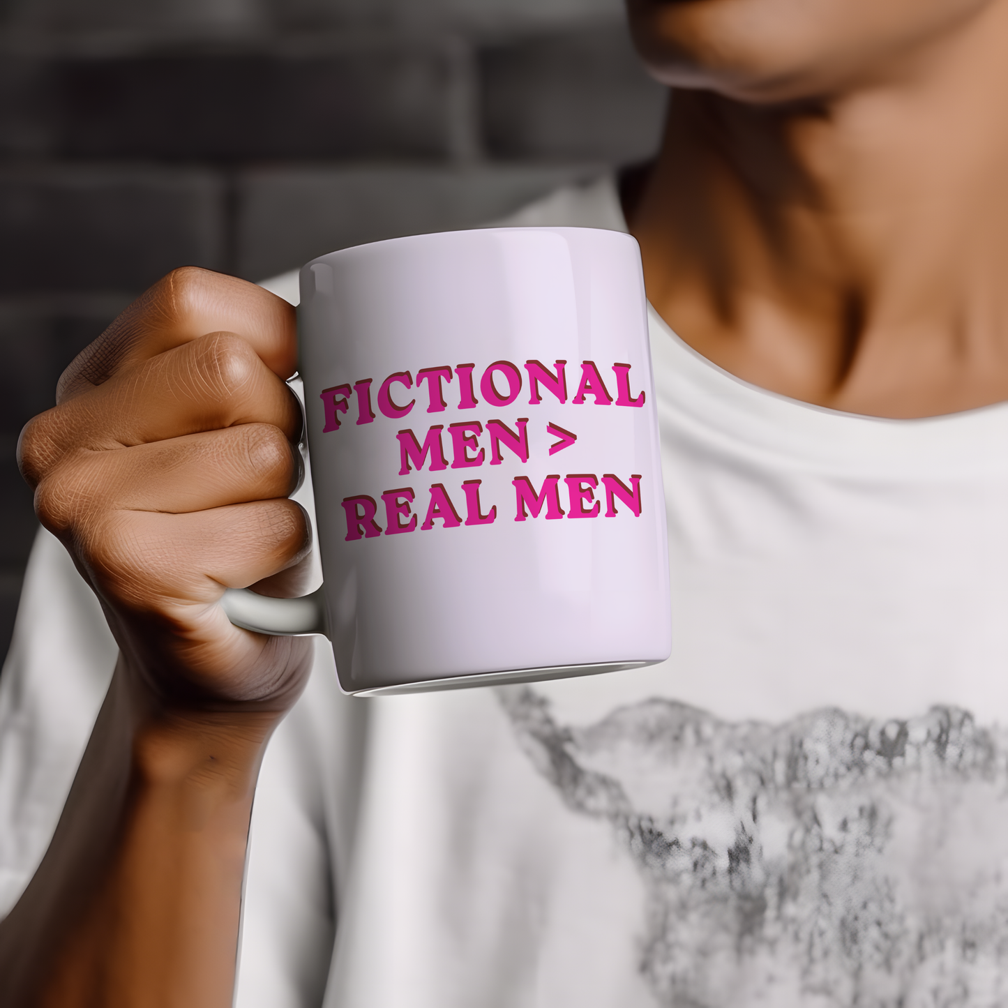 White mug featuring a funny bookish design inspired by fictional men, perfect gift for readers, romance book lovers and book club members.