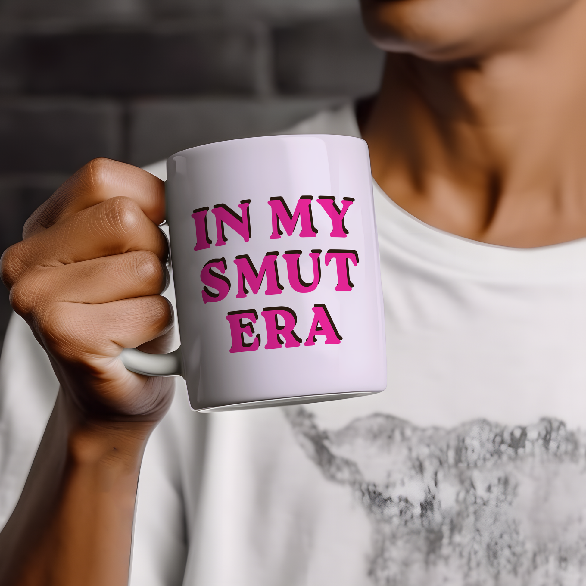 White mug featuring a funny smut reader and fictional men design, perfect gift for romance readers, book lovers and BookTok fans.