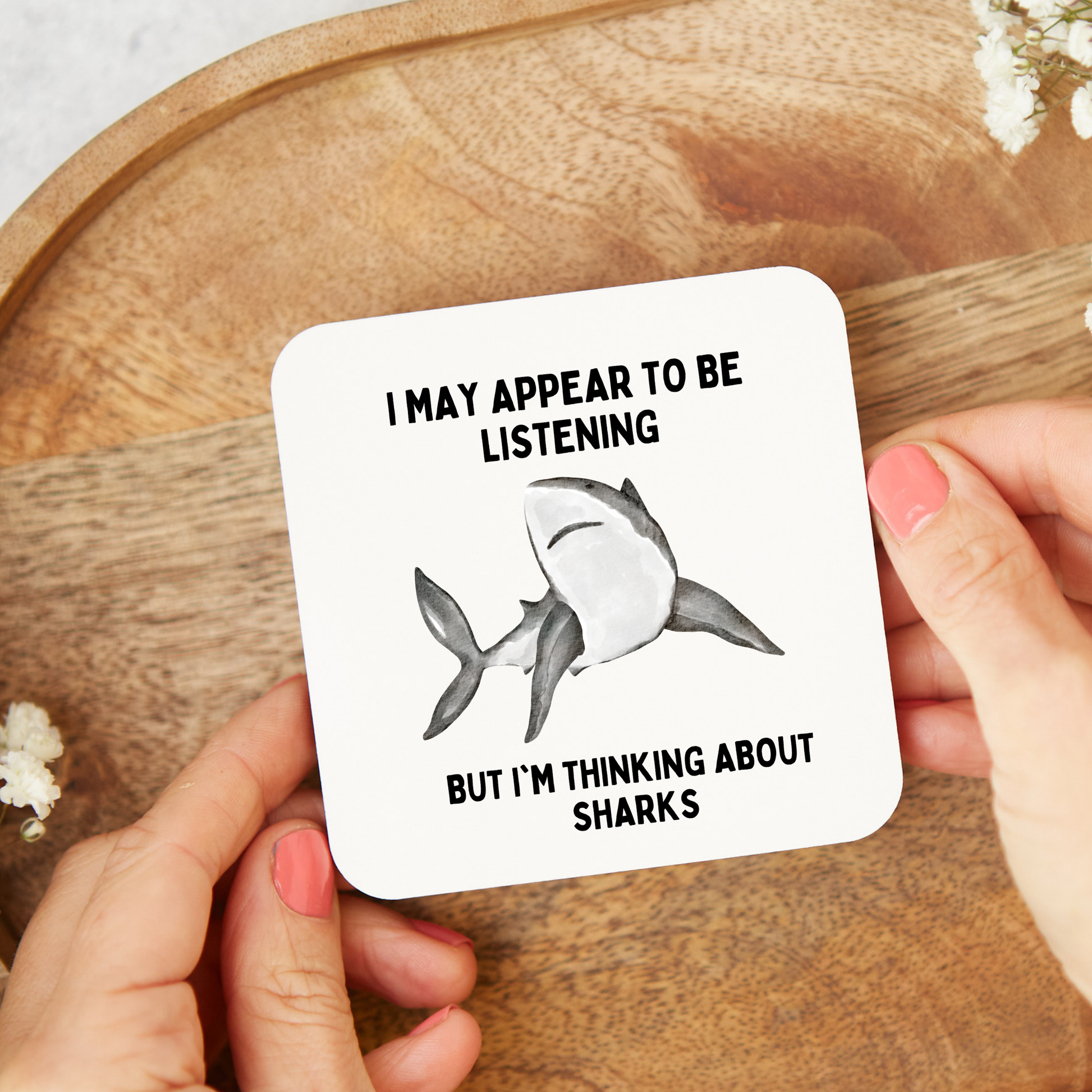 Funny shark coaster featuring a humorous shark design perfect for shark lovers ocean enthusiasts novelty gifts home décor office desk accessories and unique gifts for friends and family.
