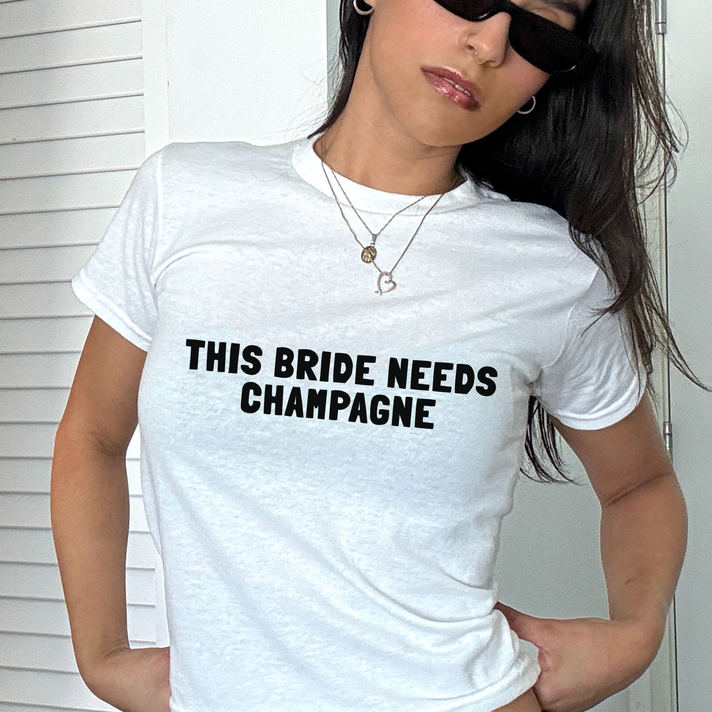 This Bride Needs Champagne Baby Tee | Hen Do Bride Outfit | Bridal Shower Gift | Bachelorette Party Top