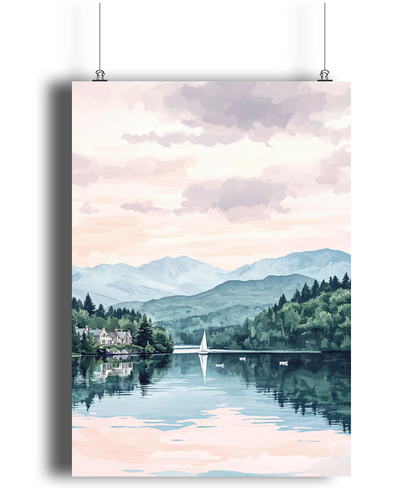Lake Windermere Travel Print, Lake Windermere Travel Poster, Lake District Wall Art, Lakes Travel Decor, Landscape Print, Travel Gift, Vintage Art - Peach and Pine