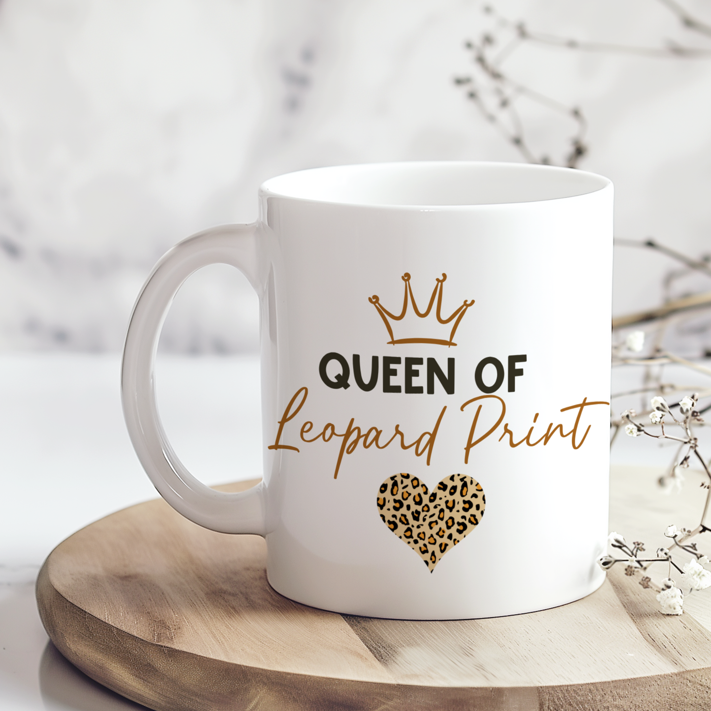 Queen of Leopard Print 11oz ceramic mug with crown and leopard print heart design, funny leopard print gift for her