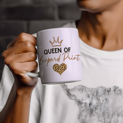 Queen of Leopard Print 11oz ceramic mug with crown and leopard print heart design, funny leopard print gift for her