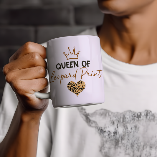 Queen of Leopard Print 11oz ceramic mug with crown and leopard print heart design, funny leopard print gift for her
