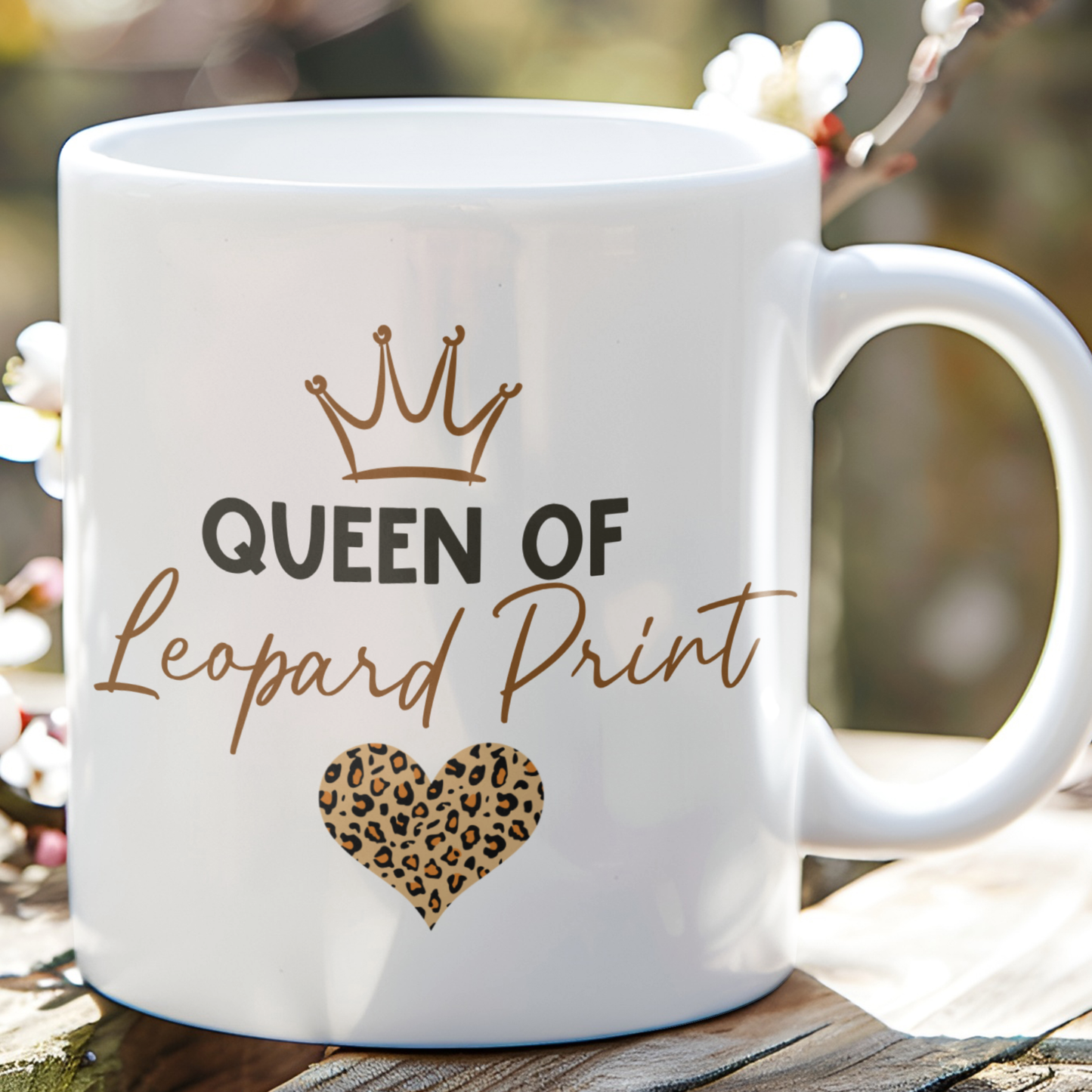 Queen of Leopard Print 11oz ceramic mug with crown and leopard print heart design, funny leopard print gift for her