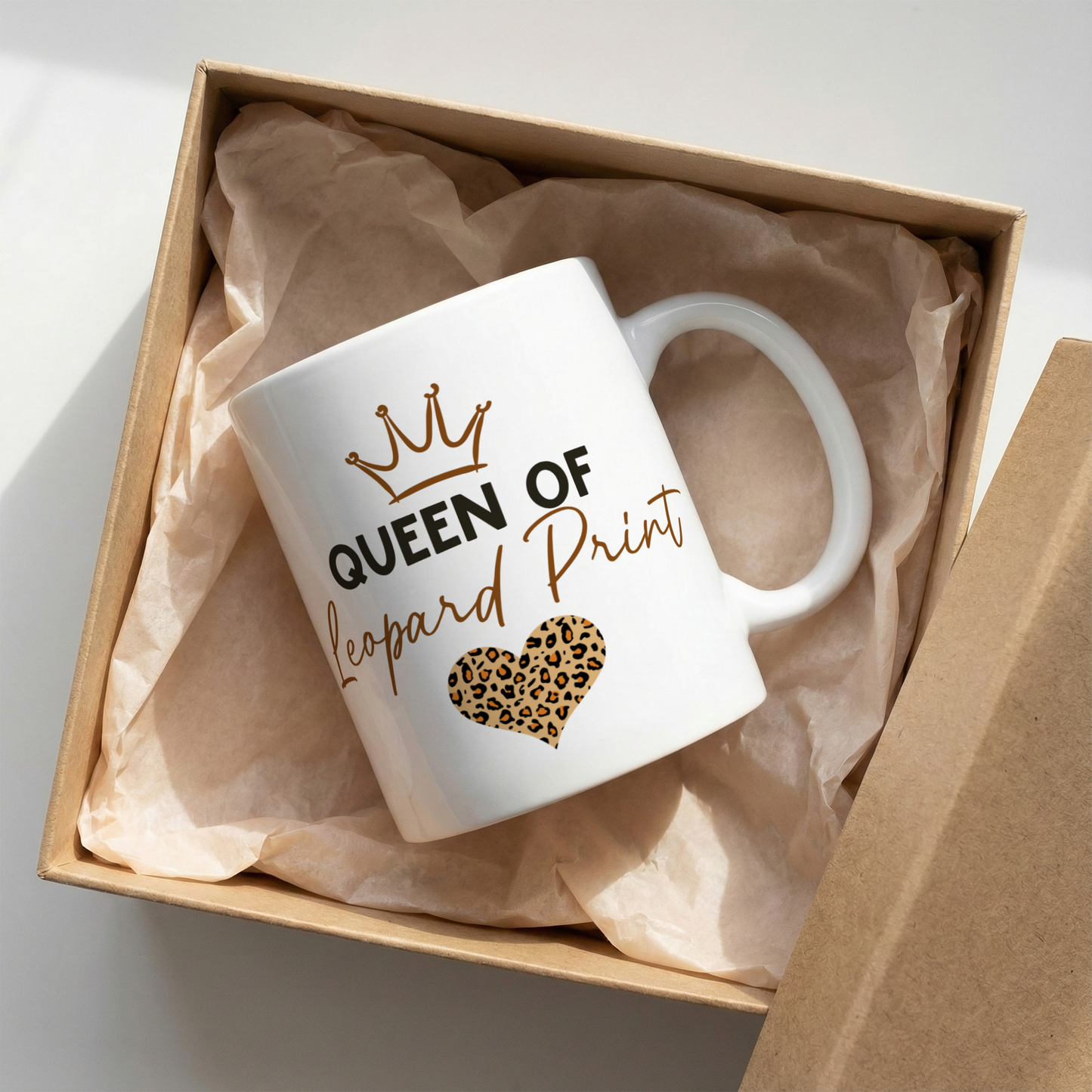 Queen of Leopard Print 11oz ceramic mug with crown and leopard print heart design, funny leopard print gift for her