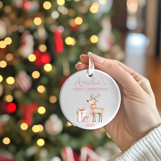 Baby’s first Christmas ornament, personalised ceramic keepsake hanging on tree