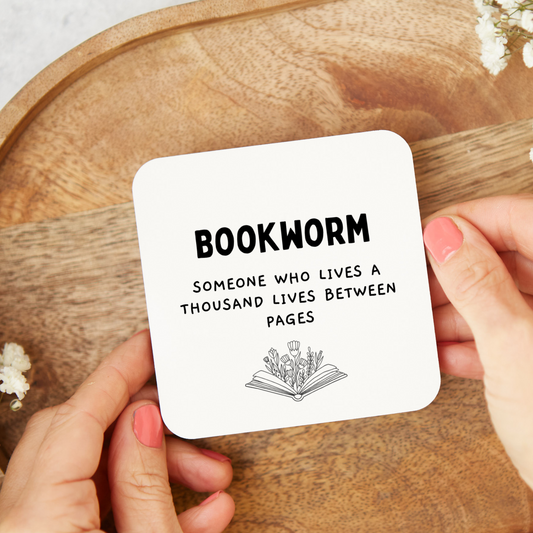 Funny bookworm coaster gift with rude humor, glossy finish, unique gift for readers and book lovers