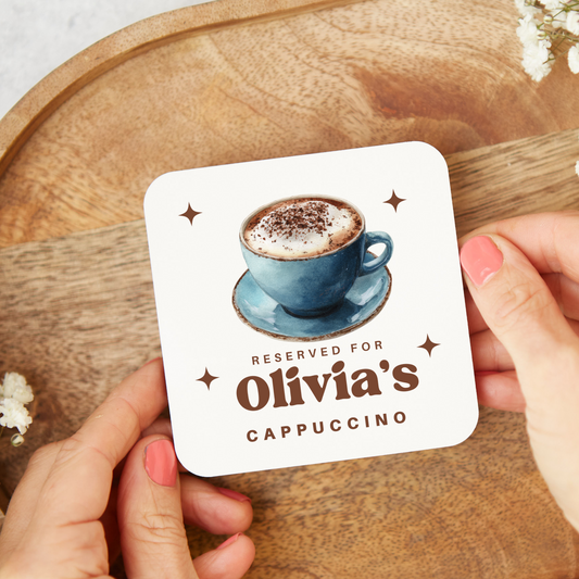 Personalised Cappuccino coaster with glossy finish, stocking filler gift for cappuccino lovers