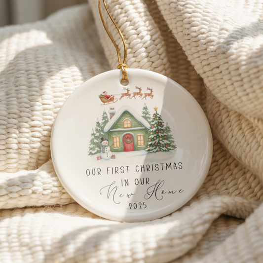 Personalised First Christmas in New Home ornament – a charming keepsake Christmas decoration perfect for celebrating a new home, featuring custom details and festive holiday design, ideal as a unique gift or Xmas decor.