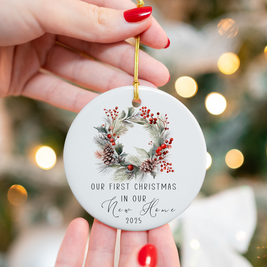 Personalised First Christmas in New Home ornament – a charming keepsake Christmas decoration perfect for celebrating a new home, featuring custom details and festive holiday design, ideal as a unique gift or Xmas decor.