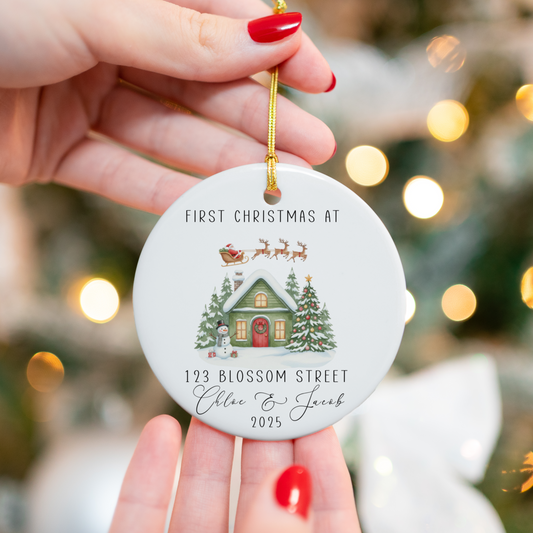 Personalised First Christmas in New Home ornament – a charming keepsake Christmas decoration perfect for celebrating a new home, featuring custom details and festive holiday design, ideal as a unique gift or Xmas decor.