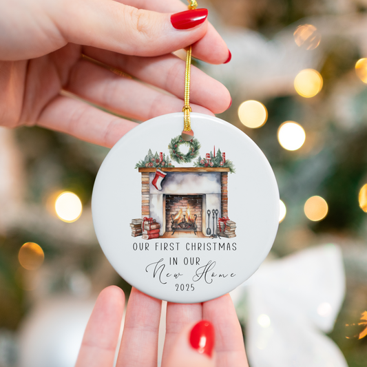 Personalised First Christmas in New Home ornament – a charming keepsake Christmas decoration perfect for celebrating a new home, featuring custom details and festive holiday design, ideal as a unique gift or Xmas decor.
