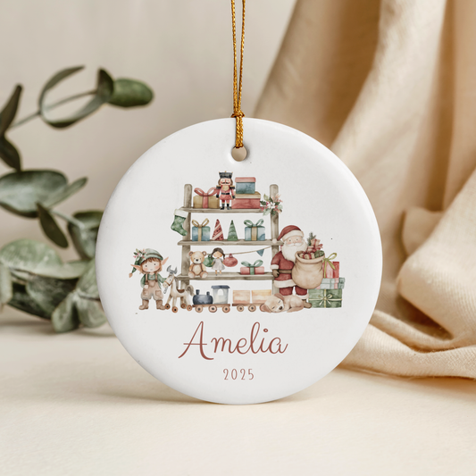 Personalised baby’s first Christmas ornament, white ceramic circle keepsake for new baby, Christmas tree decoration gift, custom name and year, 7cm round ceramic