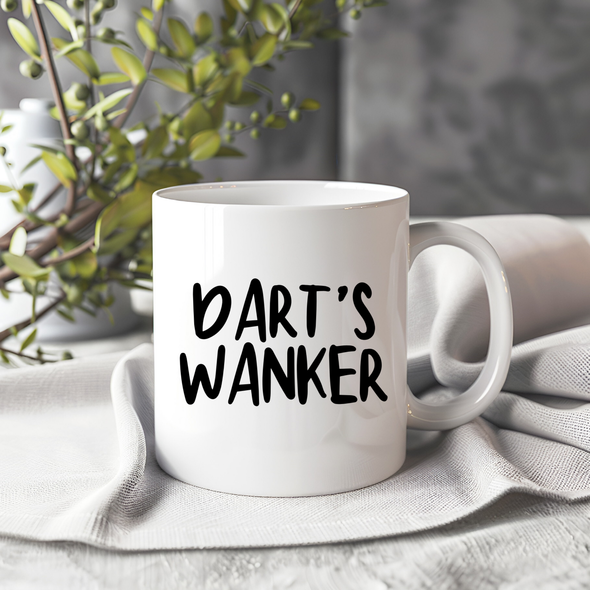 White ceramic mug with funny darts-themed design. Perfect darts gift for players, darts lovers, and friends. Ideal novelty coffee mug