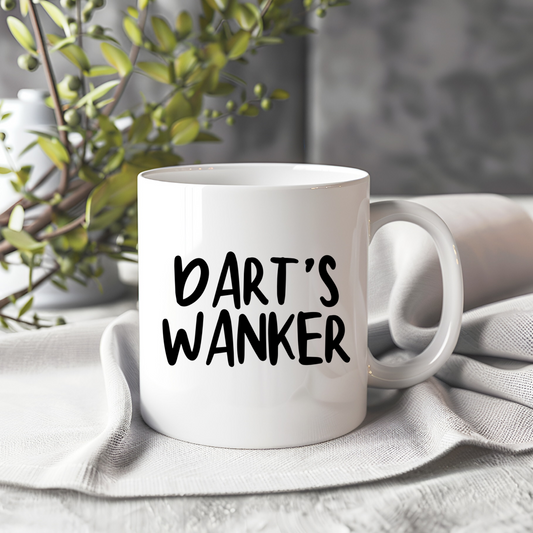 White ceramic mug with funny darts-themed design. Perfect darts gift for players, darts lovers, and friends. Ideal novelty coffee mug