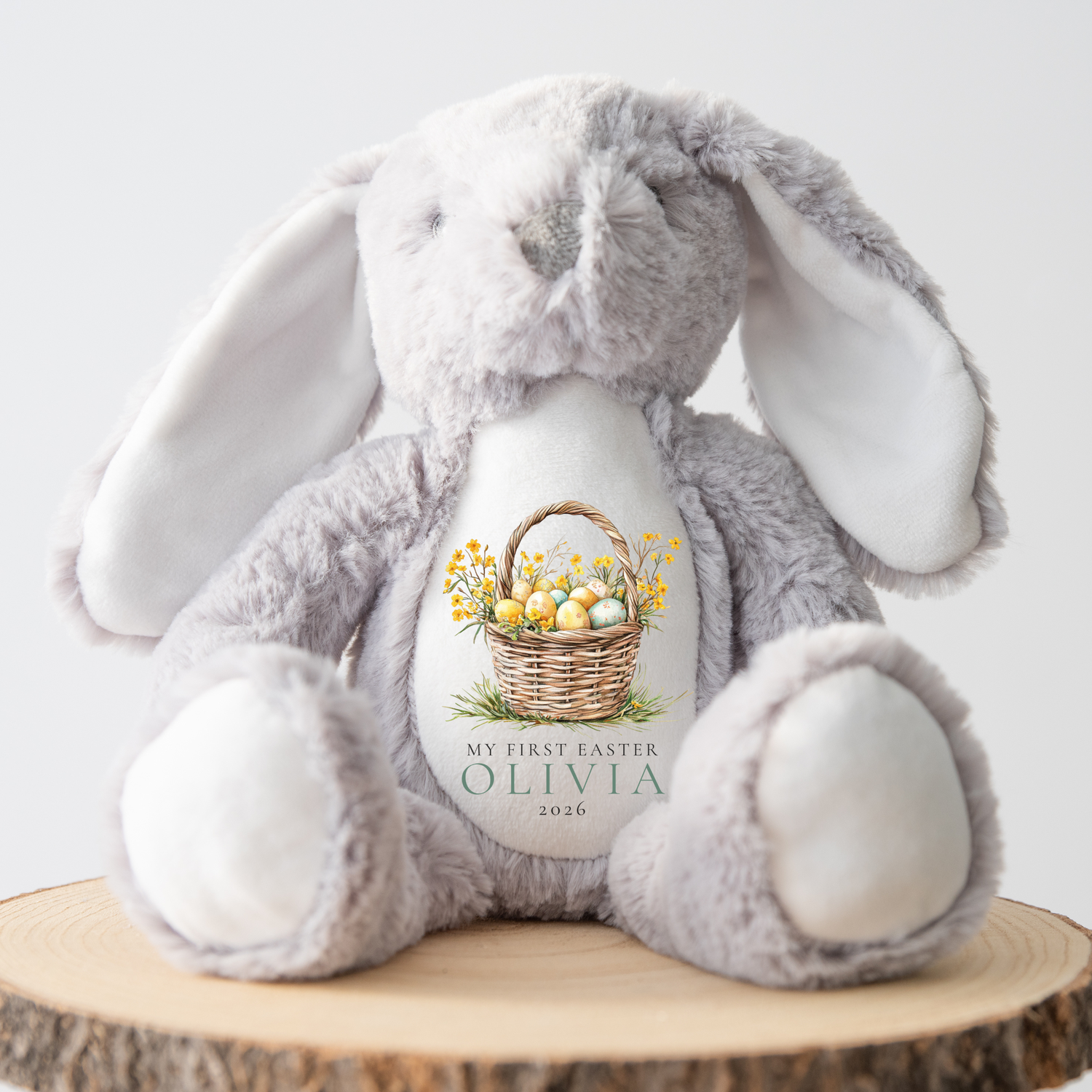 Soft personalised Easter bunny teddy with “My First Easter” design, custom baby keepsake gift, plush toy with stitched eyes.