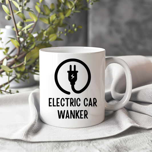 White ceramic mug with cheeky 'Electric Car Wanker' slogan. Funny novelty gift for electric car drivers, EV lovers, and car enthusiasts. Dishwasher and microwave safe