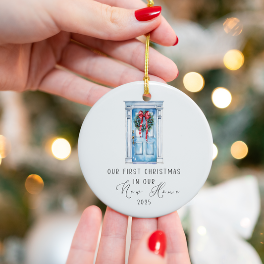 Personalised First Christmas in New Home ornament – a charming keepsake Christmas decoration perfect for celebrating a new home, featuring custom details and festive holiday design, ideal as a unique gift or Xmas decor.