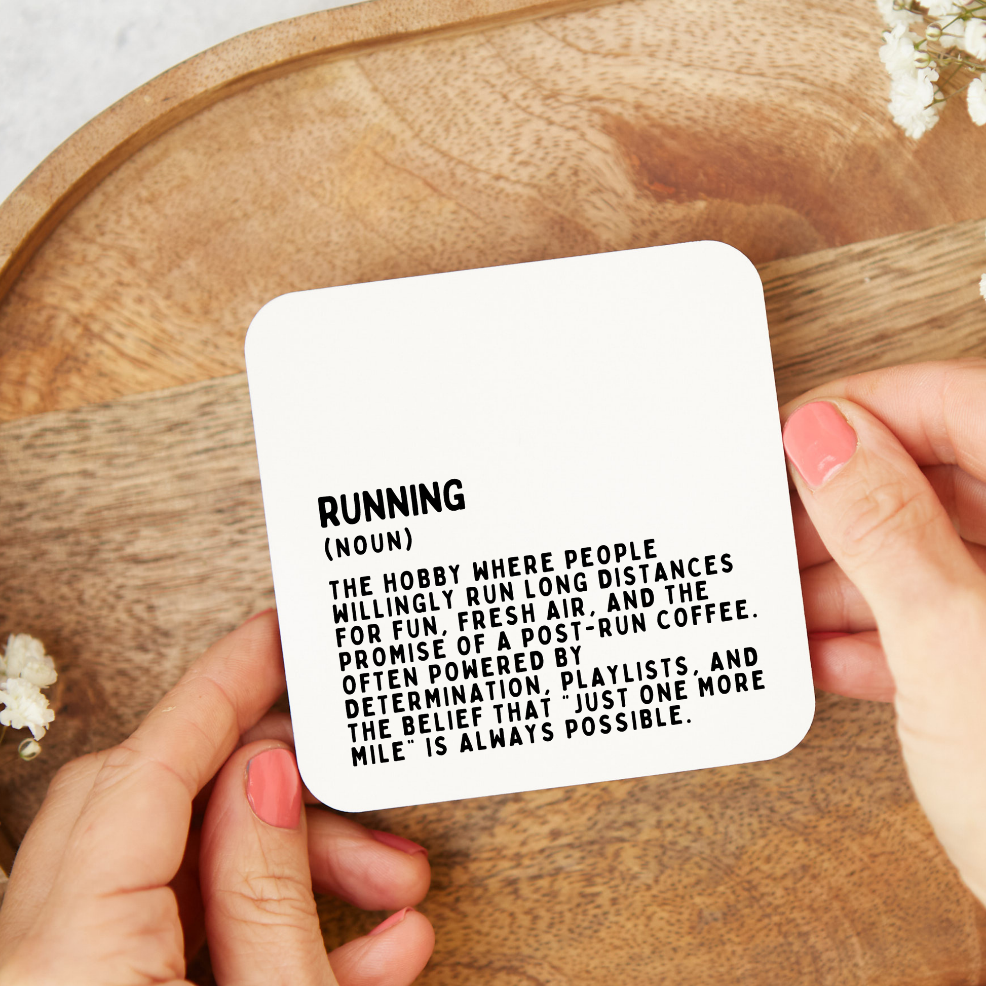 Funny running coaster with dictionary style definition design, perfect gift for runners and running lovers.