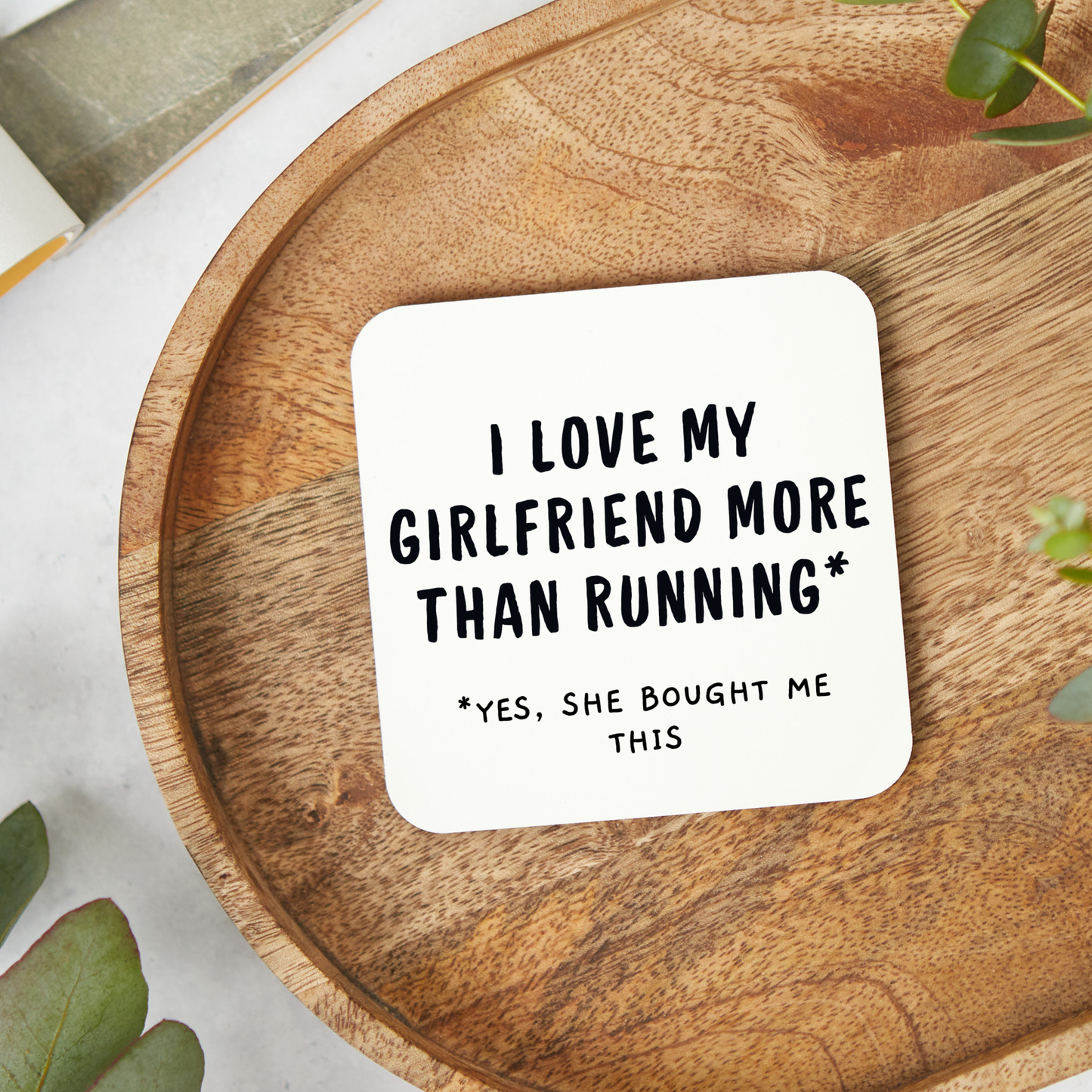 Funny running coaster with glossy finish, running themed gift for boyfriend or runner, 9x9cm novelty running coaster