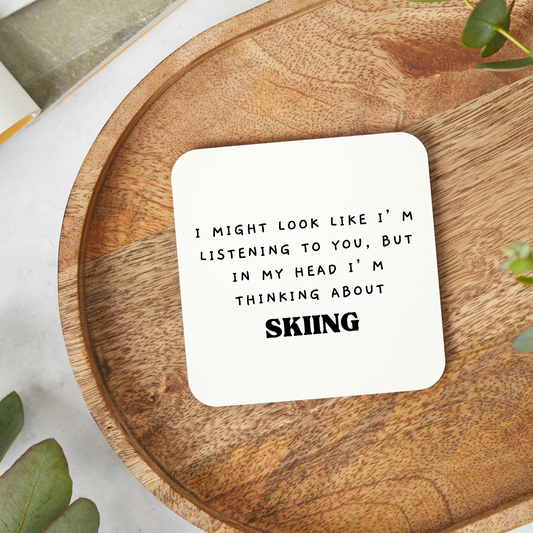 Funny skier coaster with glossy finish, rude skiing gift, 9x9cm wipe-clean coaster.