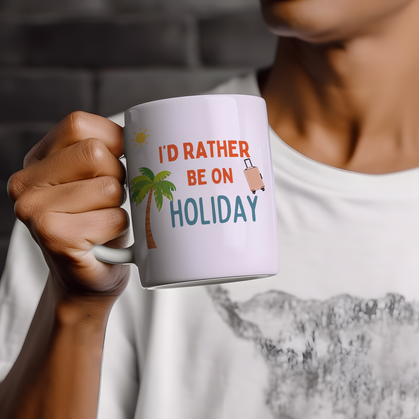 White glossy ceramic mug with a fun “Holiday Lover” travel-themed design — ideal gift for travel enthusiasts and frequent flyers