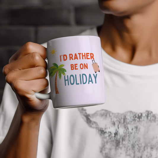 White glossy ceramic mug with a fun “Holiday Lover” travel-themed design — ideal gift for travel enthusiasts and frequent flyers
